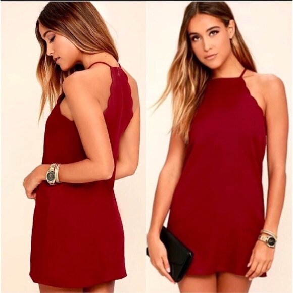 NWT Lulus Burgundy Endlessly Endearing Scalloped Halter Mini Dress Size XS - Picture 1 of 11